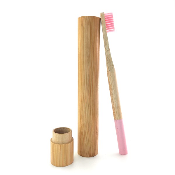 Periuta de dinti clasica, maner rotund, culoare roz, model PRB03 + suport cilindric din bambus